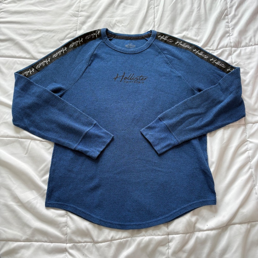 Hollister Mens Blue Waffle Knit Thermal Long Sleeve Shirt Large Winter Outdoor